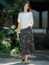 Womens Black Silk Maxi Skirt Floral Print Long Silk Dress